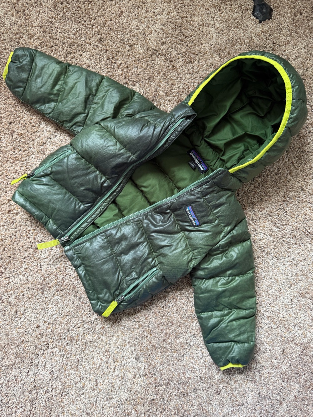 Patagonia Kids' Dark Green Puffer Jacket with Yellow Accents